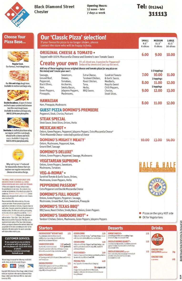 Domino's Printable Menu With Prices