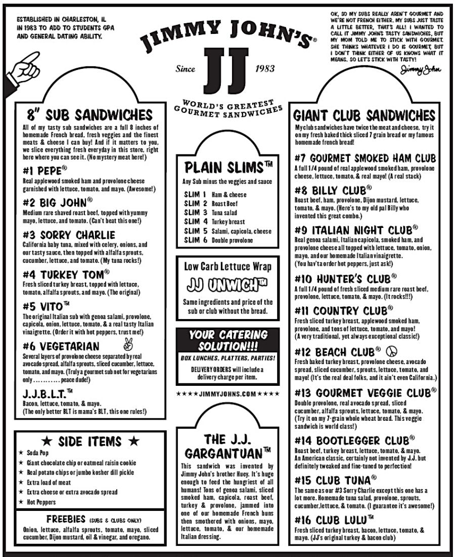 Jimmy John&rsquo;s Menu