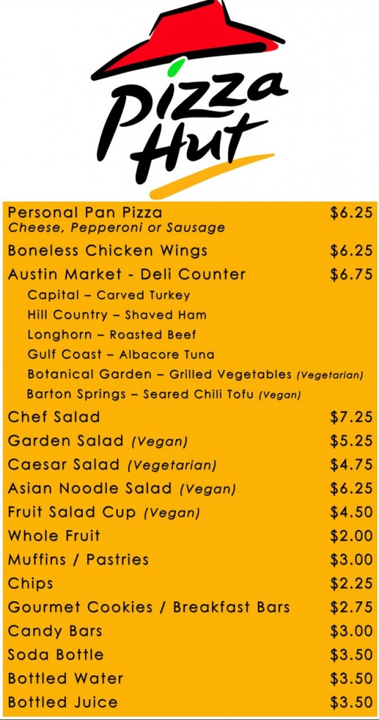 Pizza Hut Menu 2012 and 2013: This Pizza Hut Menu is meant as a guide and example only, and the menu might have changed by the time you read this.