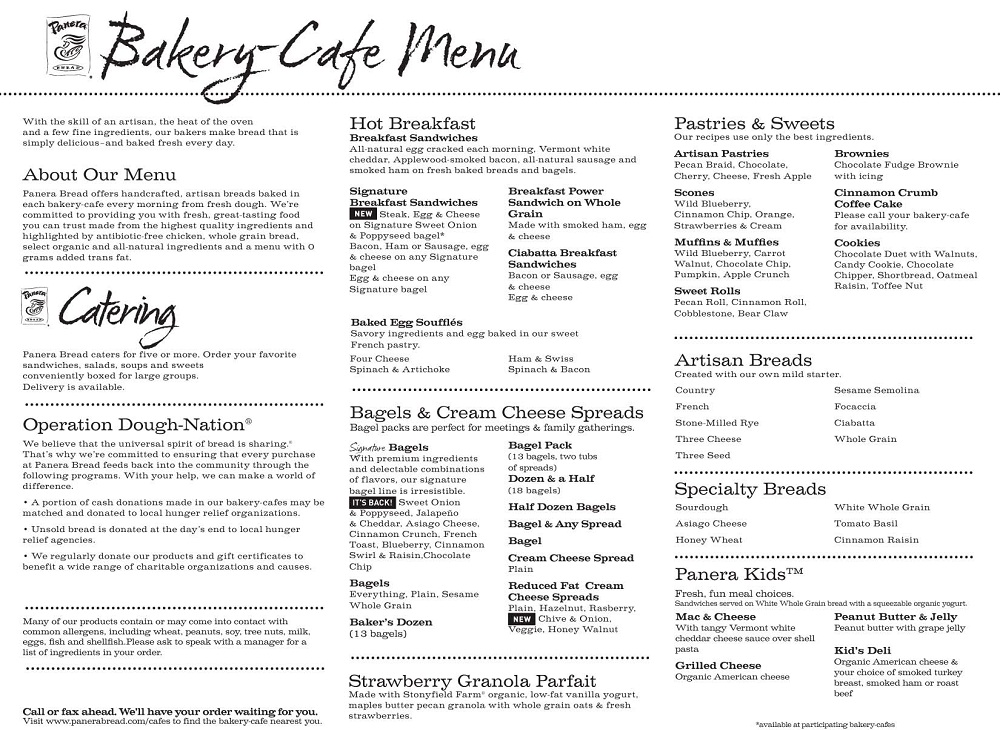 Panera Bread Printable Menu 2024