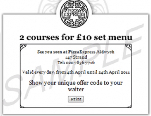 Pizza express vouchers 2012/2113: Example of a printable Pizza Express voucher. This voucher has expired, but please have a look around our site for more pizza vouchers and coupons.