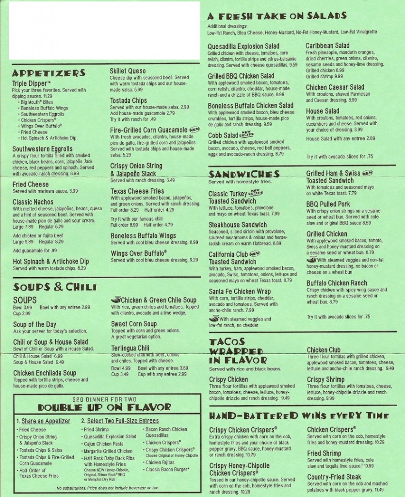 chilis menu example. Note, this is an older menu and prices and menu items may have changed.
