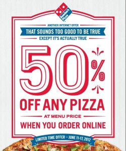 Dominos coupons 50% off -Buy one Get one Free on Dominos Pizzas with this Dominos printable coupon.