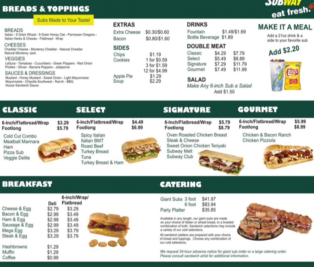 subway menu with prices